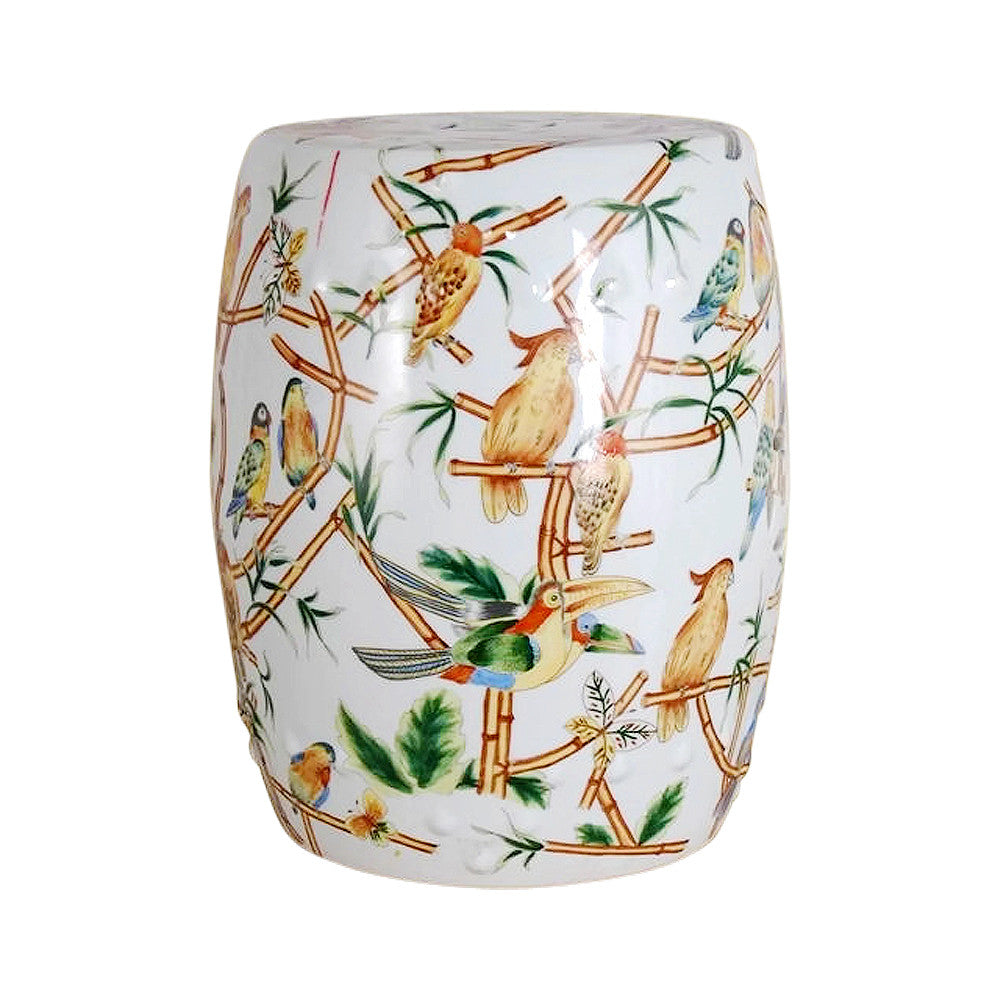 Chinese Multicolor Bird Motif Round Garden Stool 18"