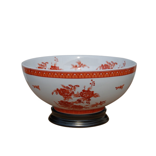 Orange and White Floral Motif Porcelain Bowl 14" Diameter with Base