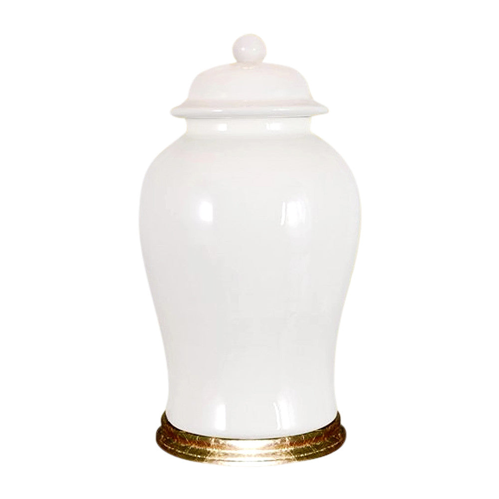 Beautiful Chinese Porcelain White Temple Jar with Gold Leaf Wooden Stand 19"