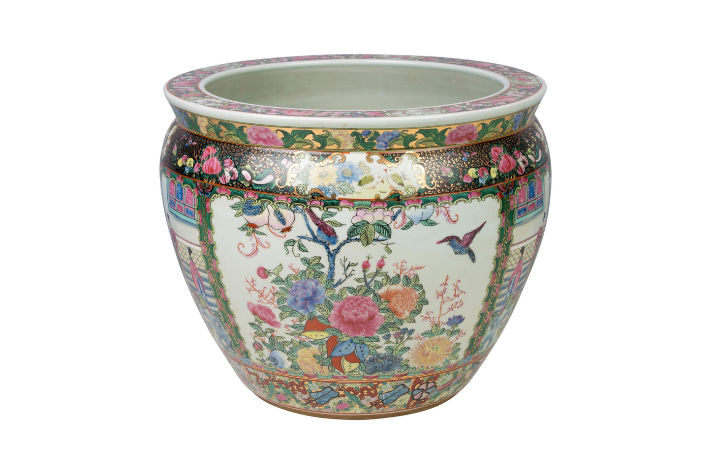 Oriental Rose Medallion Porcelain Bowl Planter 14" Diameter