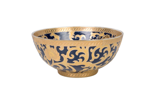 Navy and Gold Tapestry Porcelain Bowl 8" Diameter