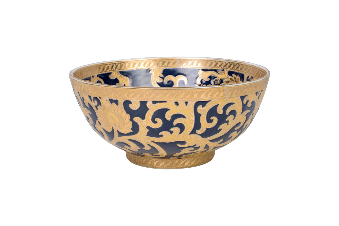 Navy and Gold Tapestry Porcelain Bowl 8" Diameter