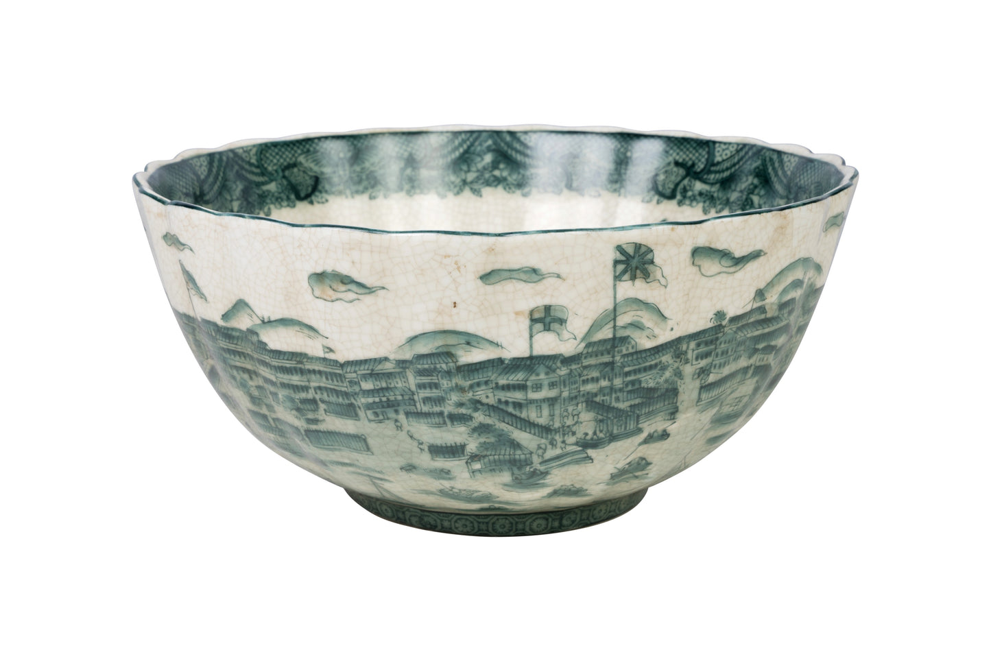 Green and White Landscape Porcelain Scallop Bowl 12" Diameter