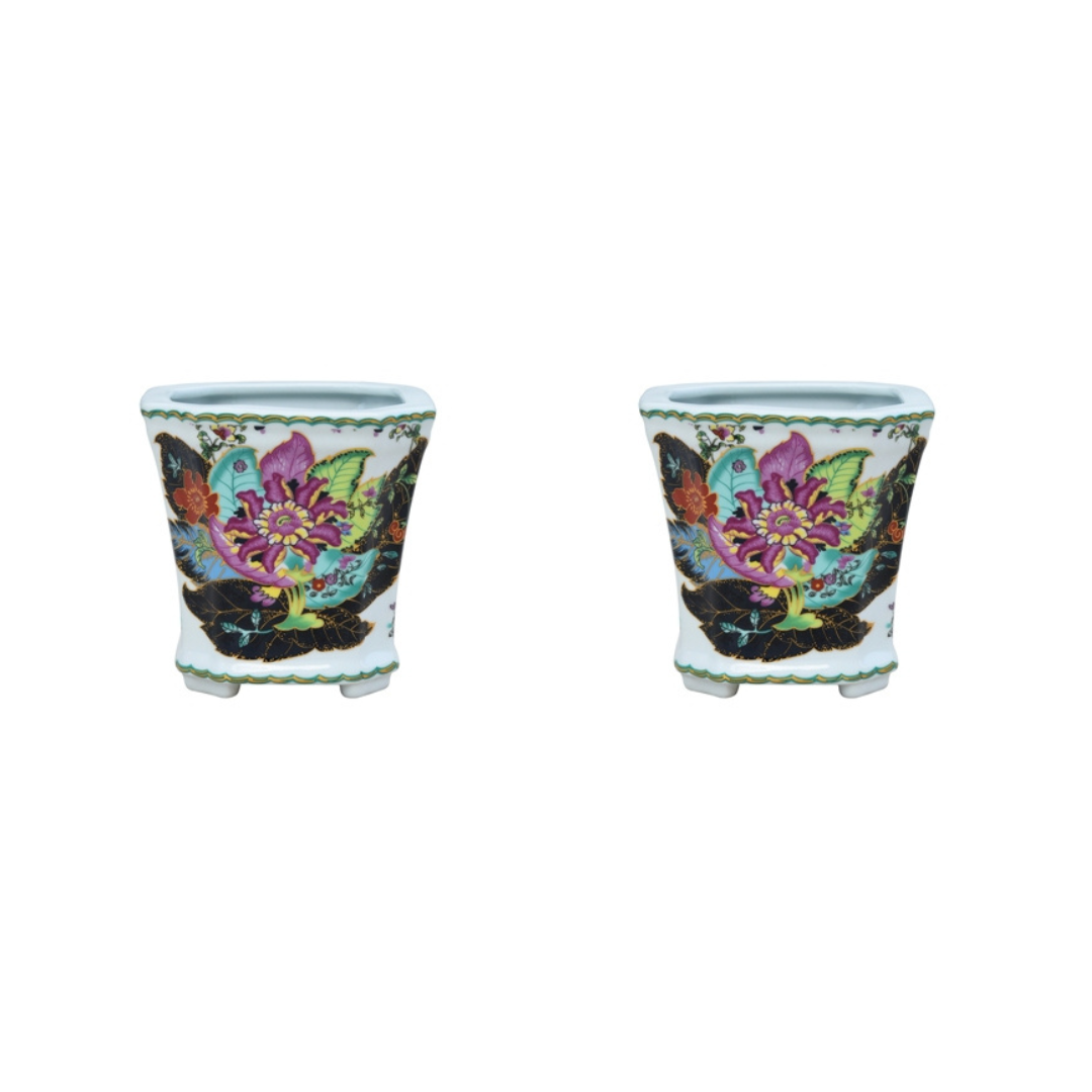 Set of Two Tobacco Leaf Motif Square Porcelain Flower Cachepot 6"