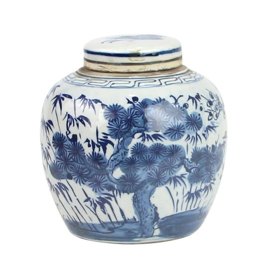 Beautiful Blue and White Pine Tree Motif Porcelain Ginger Jar 6"