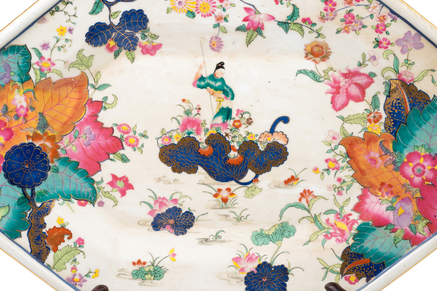 Oriental Tobacco Leaf Pattern Porcelain Hexagonal Tray 14" x 10.5"