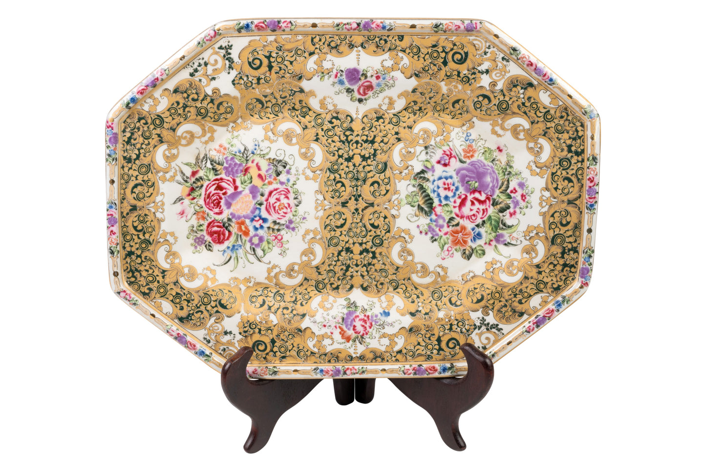 Oriental Floral Pattern Porcelain Hexagonal Tray 14" x 10.5"