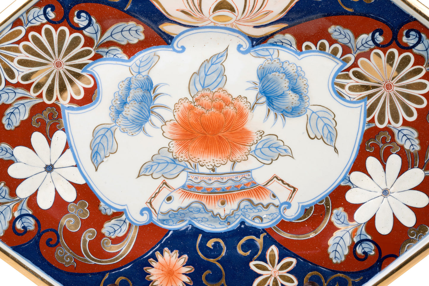Oriental Imari Style Pattern Porcelain Hexagonal Tray 14" x 10.5"