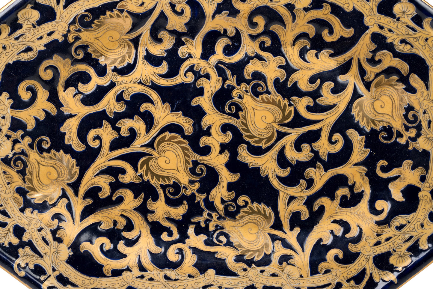 Dark Navy and Gold Tapestry Pattern Porcelain Hexagonal Tray 14" x 10.5"