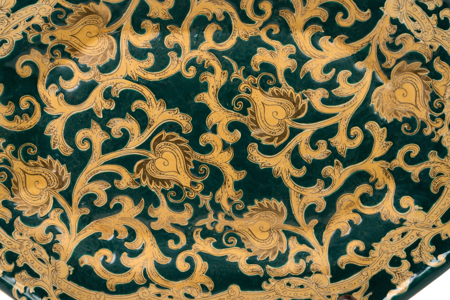 Green and Gold Tapestry Pattern Porcelain Hexagonal Tray 14" x 10.5"