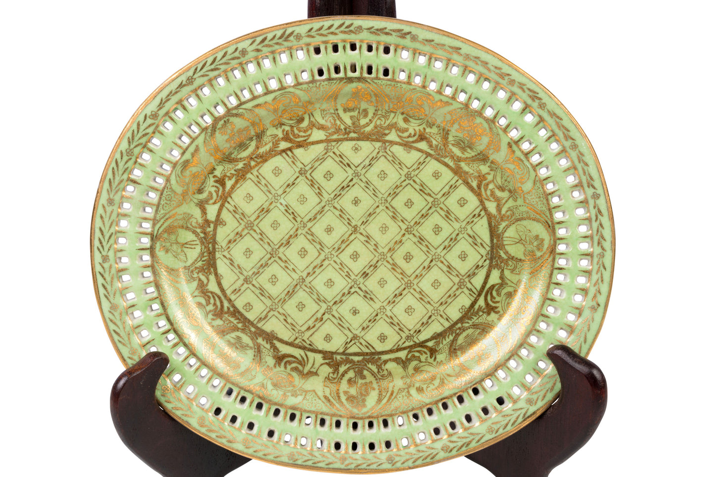 Green and Gold Cross Pattern Porcelain Oval Plate 9"x7"