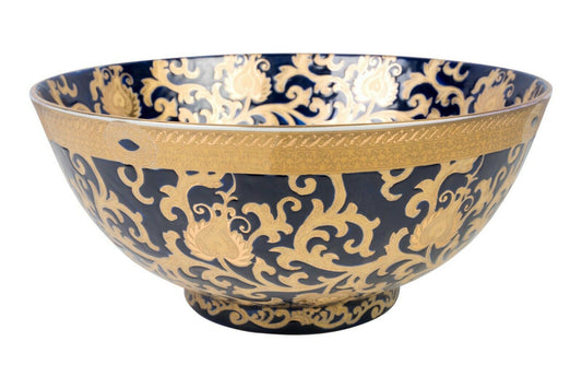 Oriental Navy and Gold Tapestry Porcelain Bowl 14"