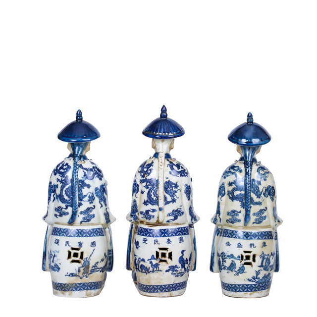 Blue and White Porcelain Chinese Qing 3 Generations Emperor Statue Figurine 11"