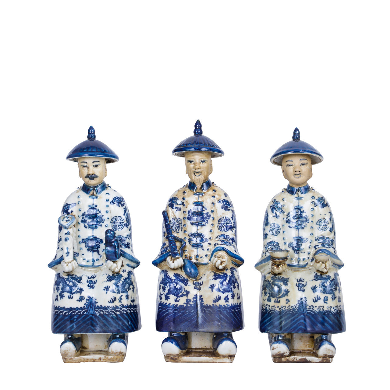 Blue and White Porcelain Chinese Qing 3 Generations Emperor Statue Figurine 11"