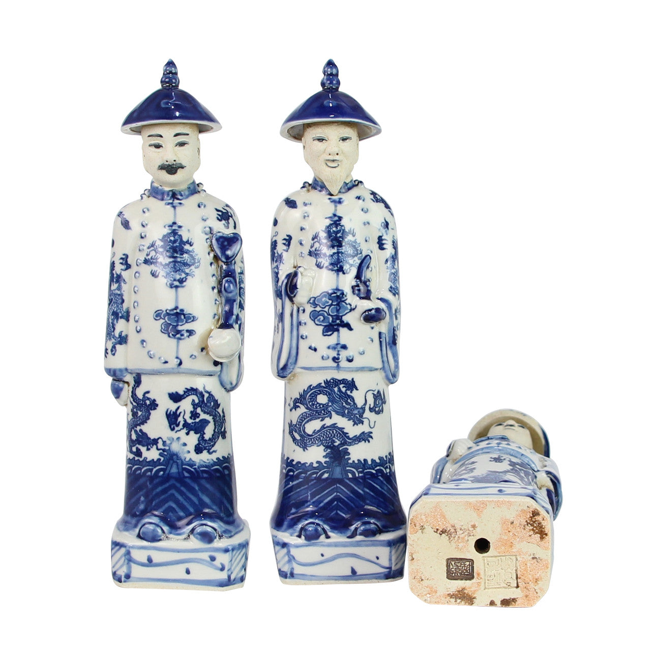 Blue and White Porcelain Chinese Qing 3 Generations Emperor Statue Figurine 11"