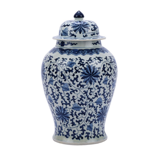 Beautiful Blue and White Porcelain Temple Jar Twisted Lotus Motif 21" Tall