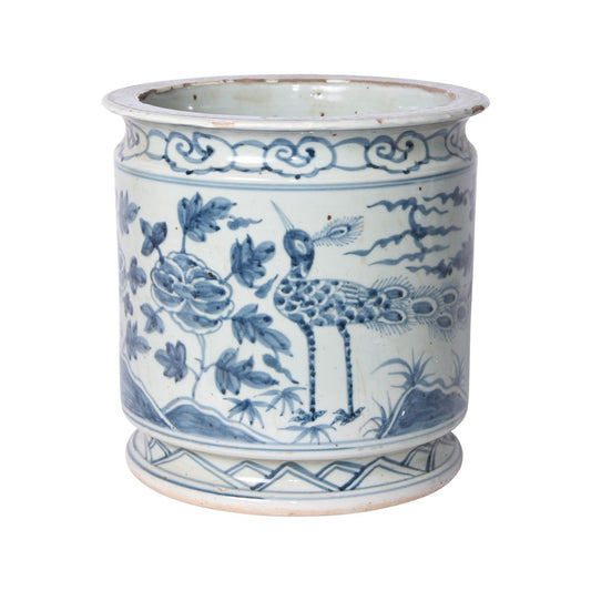 Blue and White Orchid Pot Bird Motif 10"