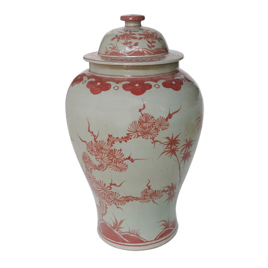 Coral Red Plum Tree Porcelain Temple Jar 18"