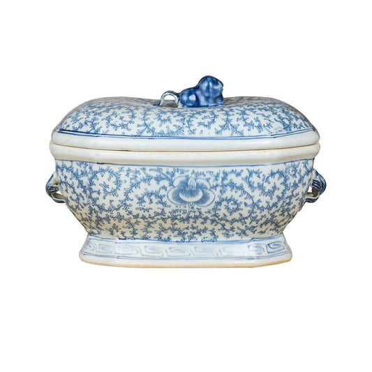 Blue and White Oval Fruit Jar Floral Motif With Squirrel Lid