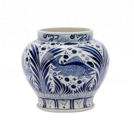 Blue and White Open Top Porcelain Fish Jar 13"