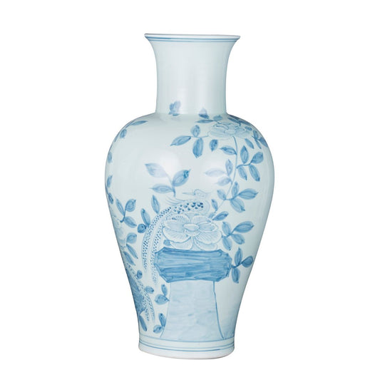 Blue And White Fairy Vase Pheasant Flower Motif 19"