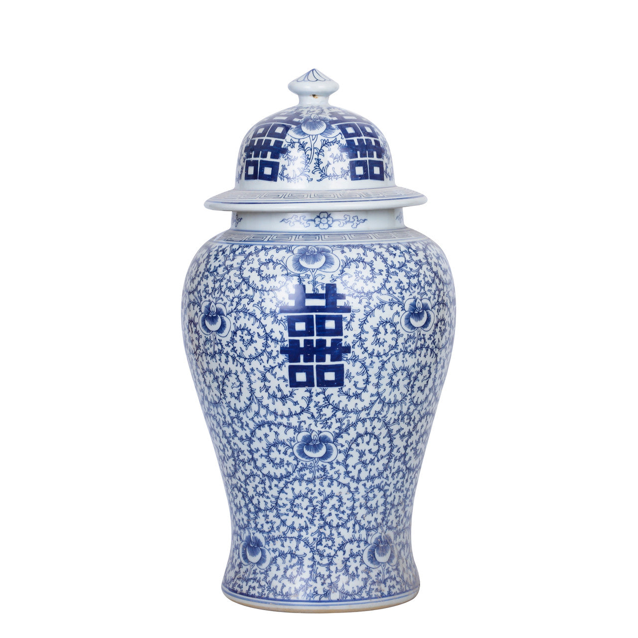 Blue & White Porcelain Double Happiness Chinoiserie Temple Jar 23" Tall