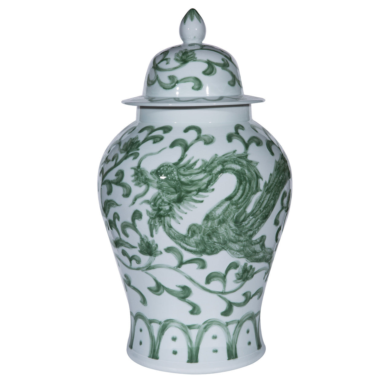 Beautiful Green and White Porcelain Medallion Shaped Temple Jar Dragon Lotus 19"
