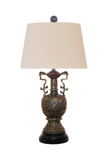 Oriental Brass Bronze Dragon Vase Table Lamp Shade Finial 24.5"