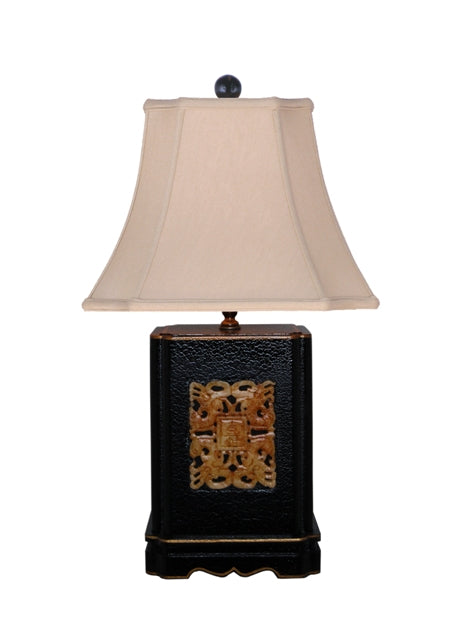 Beautiful Chinese Black Lacquer Box Jade Inlay Table Lamp w Shade and Finial 22"