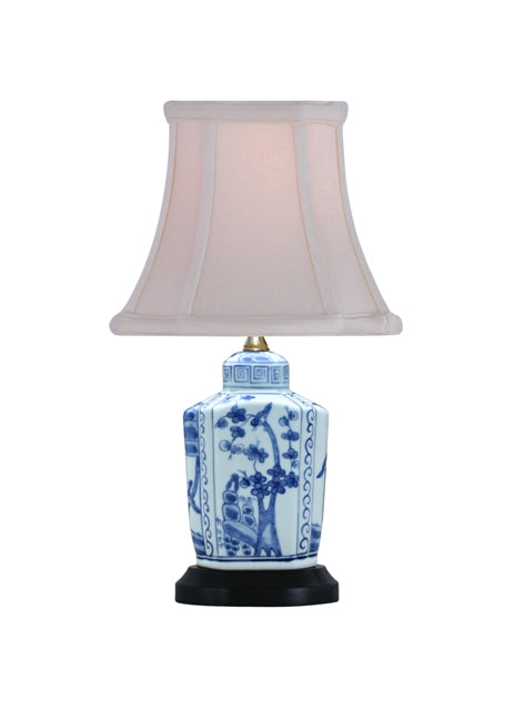 Blue and White Floral Porcelain Tea Caddy Table Lamp 13.5"
