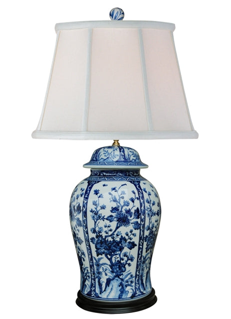 Blue and White Floral Porcelain Temple Jar Table Lamp 32"