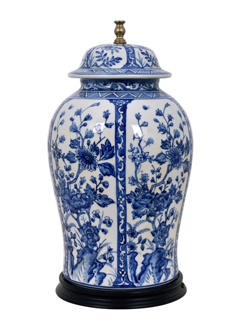 Blue and White Floral Porcelain Temple Jar Table Lamp 32"