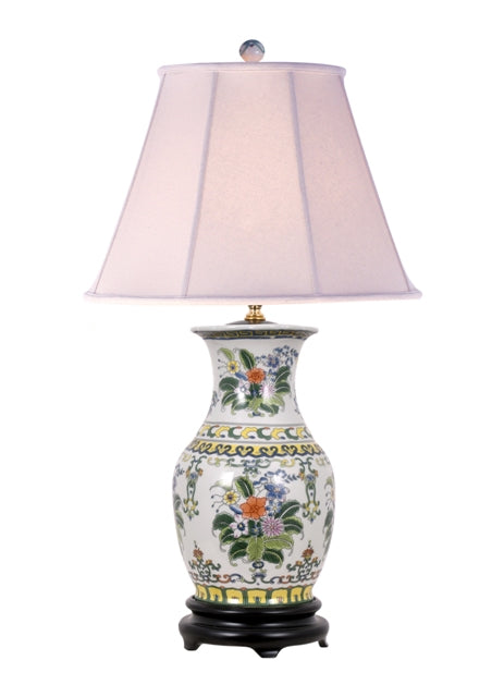 Multicolor Chinese Floral Motif Round Porcelain Vase Table Lamp 27"