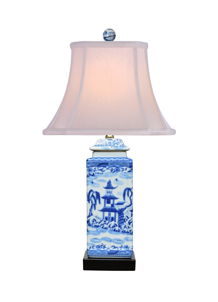 Blue and White Blue Willow Porcelain Square Jar Table Lamp w Finial 23.5"