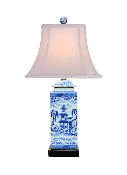 Blue and White Blue Willow Porcelain Square Jar Table Lamp w Finial 23.5"