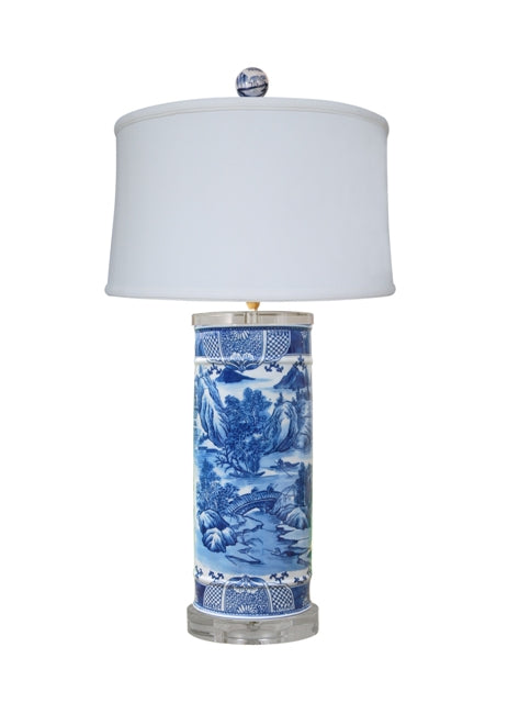 Blue and White Landscape Cylindrical Porcelain Vase Table Lamp 29"