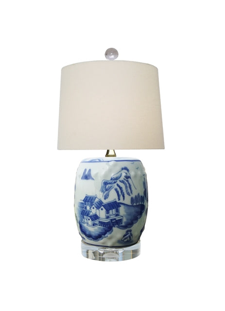 Chinese Blue and White Porcelain Mini Garden Stool Blue Willow Table Lamp 17.5"