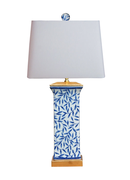 Blue and White Square Floral Leaf Porcelain Vase Table Lamp 28"