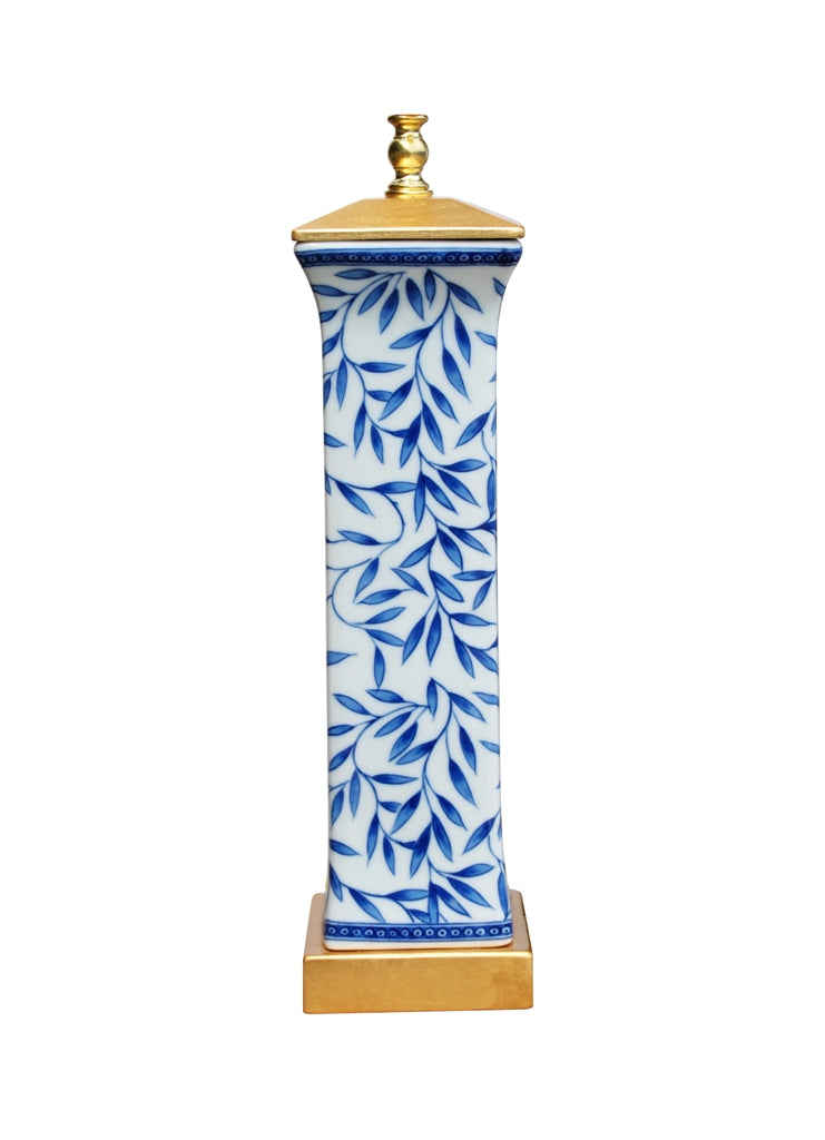 Blue and White Square Floral Leaf Porcelain Vase Table Lamp 28"