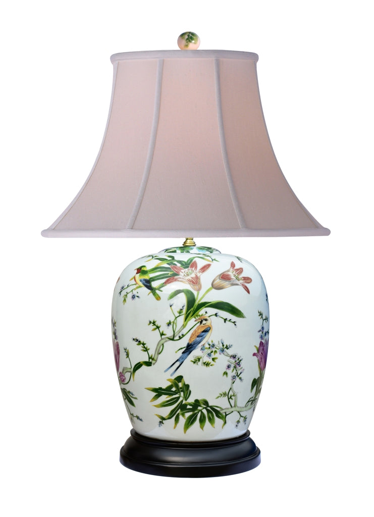 Chinese Porcelain Bird and Floral Motif Round Vase Table Lamp 28"