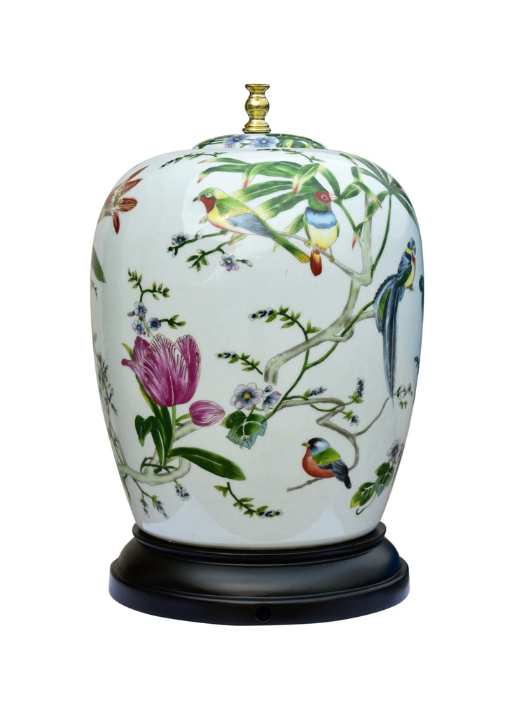 Chinese Porcelain Bird and Floral Motif Round Vase Table Lamp 28"