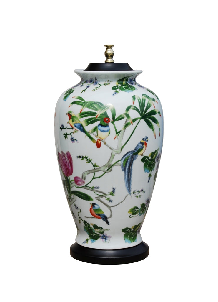 Large Chinese Bird Motif Porcelain Vase Table Lamp 30"
