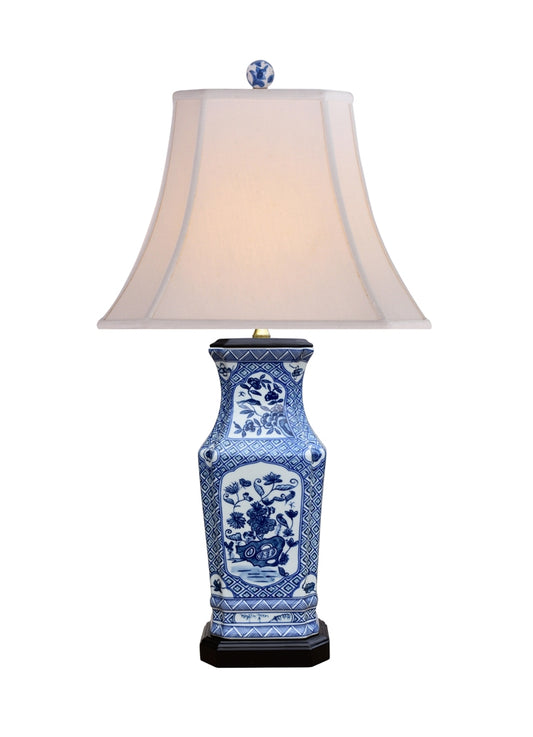 Blue and White Rectangular Floral Porcelain Vase Table Lamp 28"