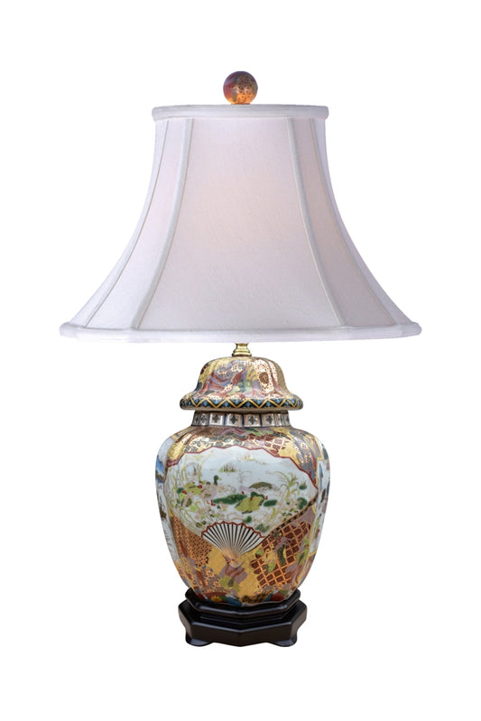Chinese Porcelain Satsuma Style Scalloped Temple Jar Table Lamp 26"