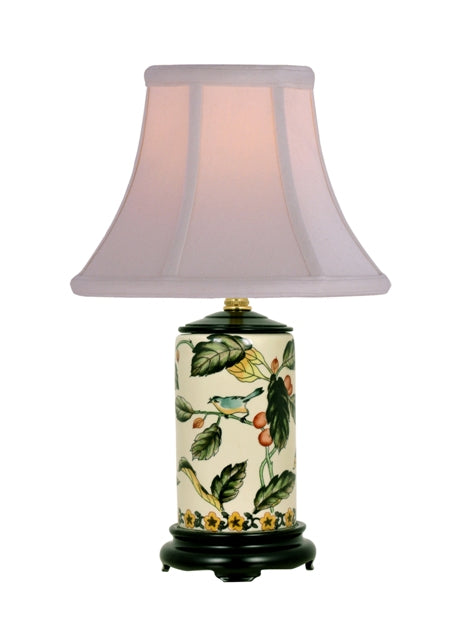 Floral Bird Motif Cylindrical Porcelain Vase Table Lamp 15"