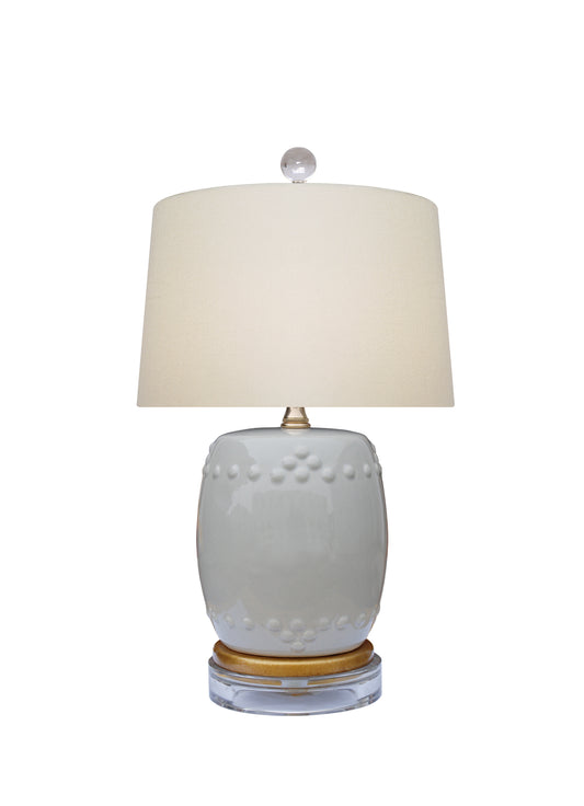 Beautiful White Porcelain Garden Stool Lamp w Acrylic Base Shade and Finial 17"
