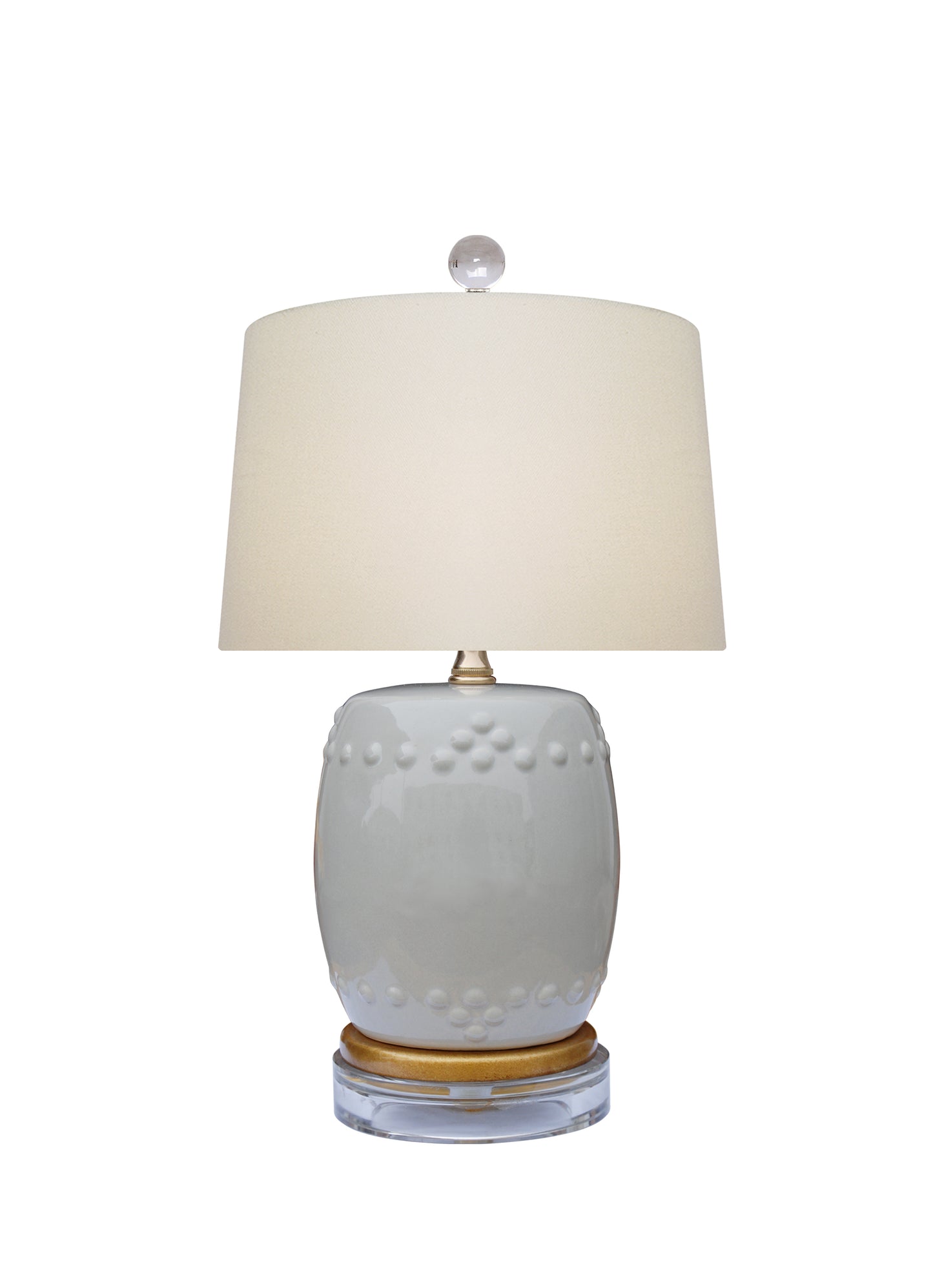 Beautiful White Porcelain Garden Stool Lamp w Acrylic Base Shade and Finial 17"