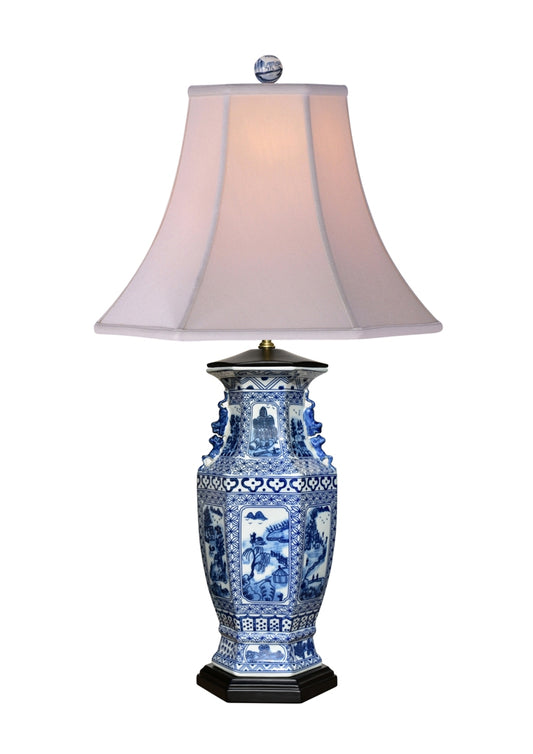 Blue and White Porcelain Hexagonal Landscape Vase Table Lamp 32"