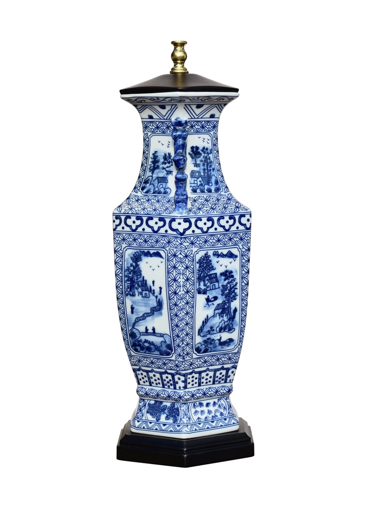 Blue and White Porcelain Hexagonal Landscape Vase Table Lamp 32"