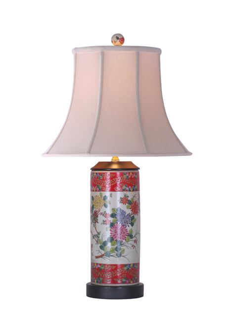 Red Floral Motif Cylindrical Porcelain Vase Table Lamp 24"